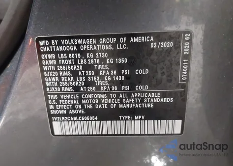 2020 Volkswagen Atlas 3.6L V6 Se/3.6L V6 Se W/Technology R-Line из США, поврежденный, VIN 1V2LR2CA9LC505054